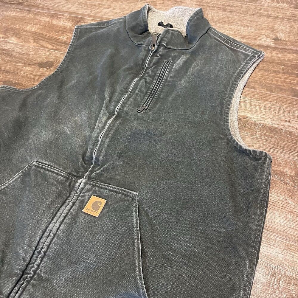 Vintage Carhartt Vest Mens XLT Green V33 MOS Distressed Duck Sherpa lined Work